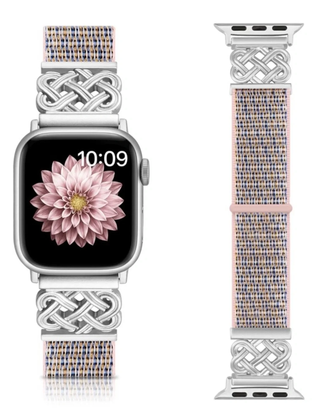Cream Woven Watch Band with Silver Celtic Metal Accents